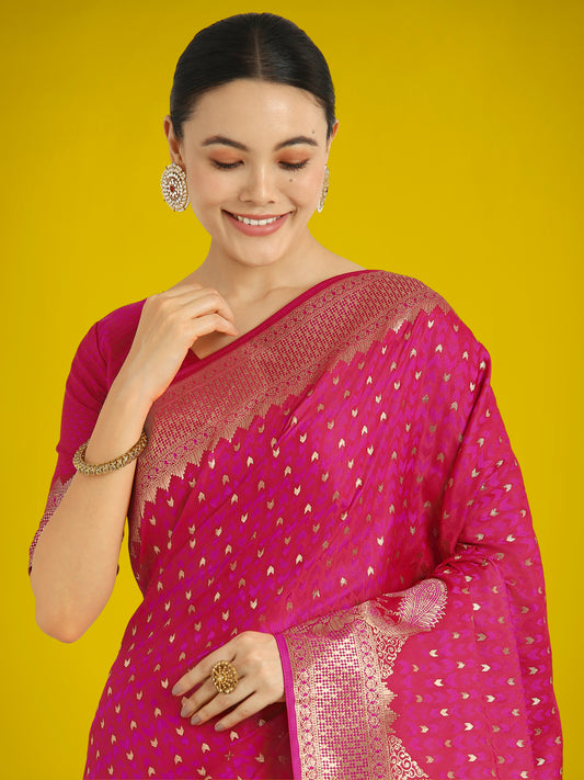 Gorgeous Rani Pink Woven Banarasi Satin Designer Silk Saree