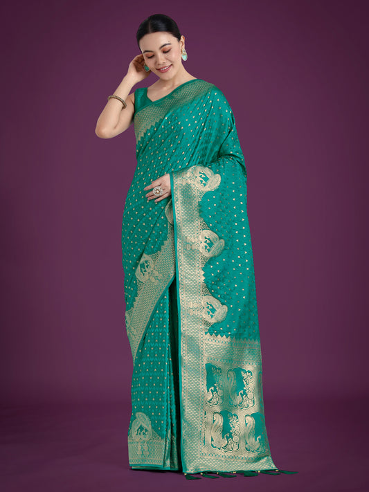 Gorgeous Turquoise Woven Banarasi Satin Designer Silk Saree