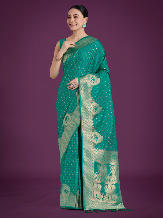 Gorgeous Turquoise Woven Banarasi Satin Designer Silk Saree