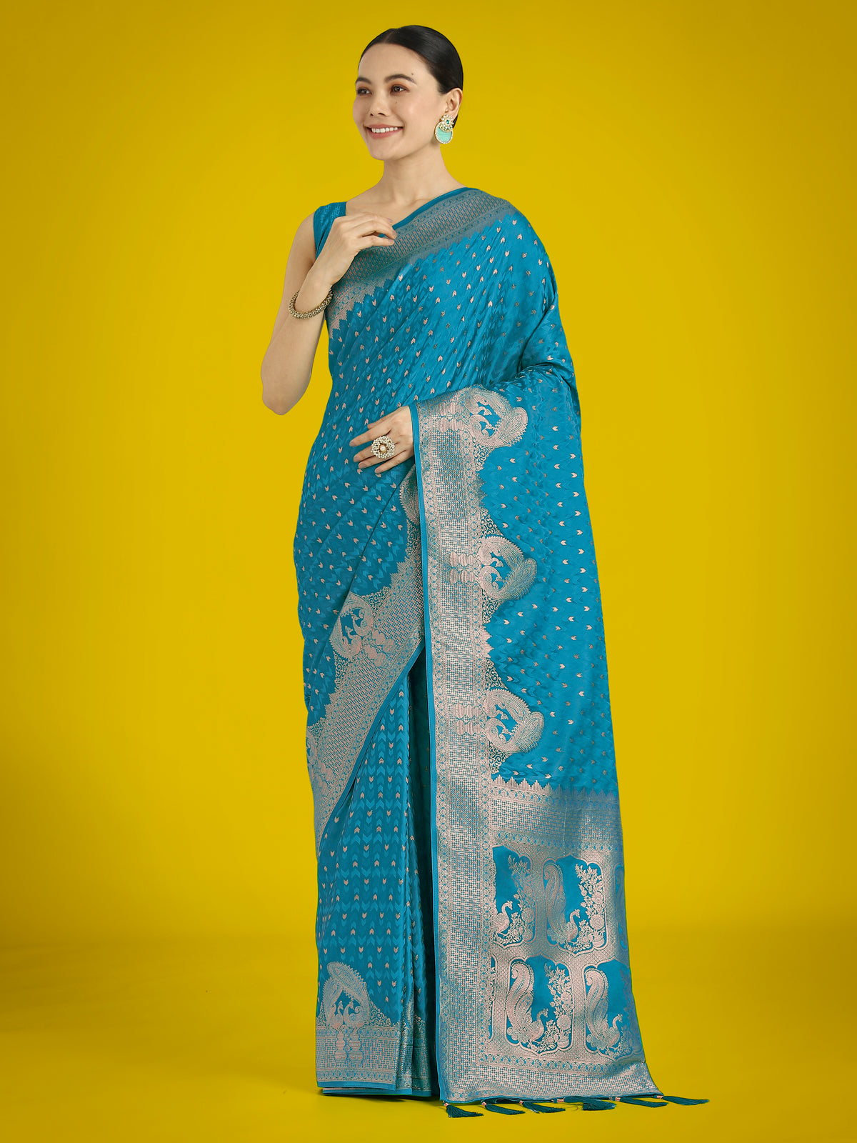 Gorgeous Cyan blue Woven Banarasi Satin Designer Silk Saree