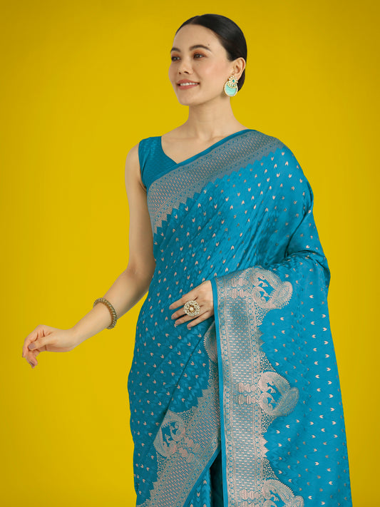 Gorgeous Cyan blue Woven Banarasi Satin Designer Silk Saree