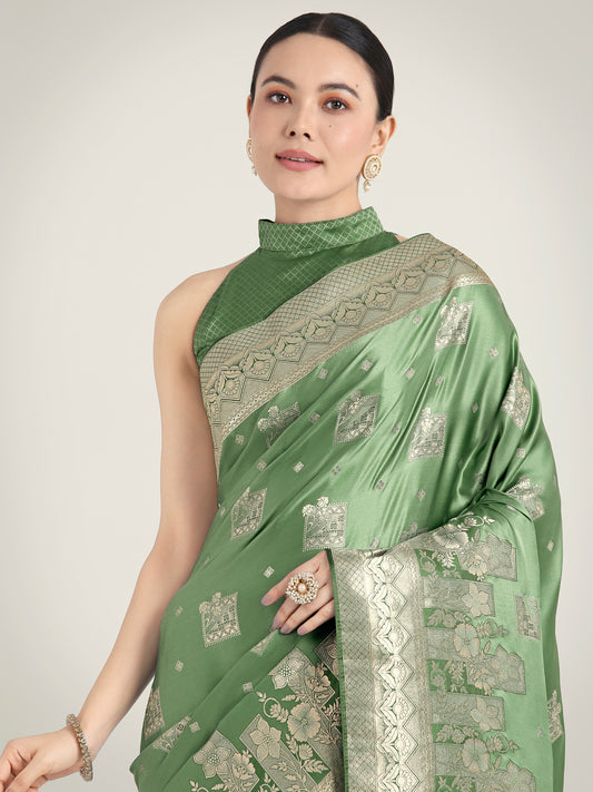 Green Banarasi Satin Silk Zari Weaving Festival Wear Saree
