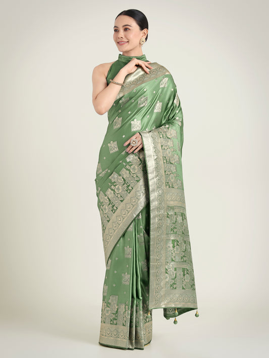 Green Banarasi Satin Silk Zari Weaving Festival Wear Saree