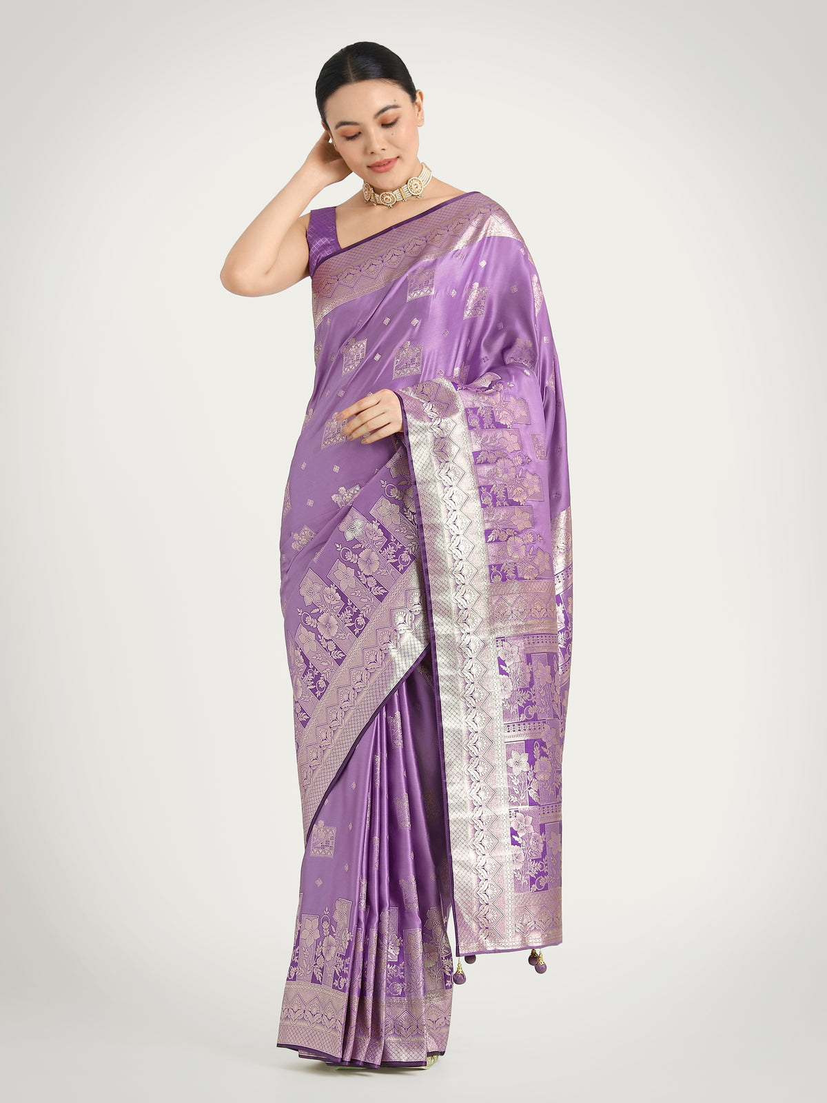 Lavender Banarasi Satin Silk Zari Weaving Festival Wear Saree