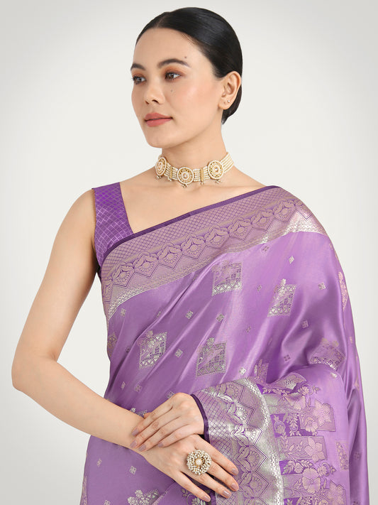 Lavender Banarasi Satin Silk Zari Weaving Festival Wear Saree