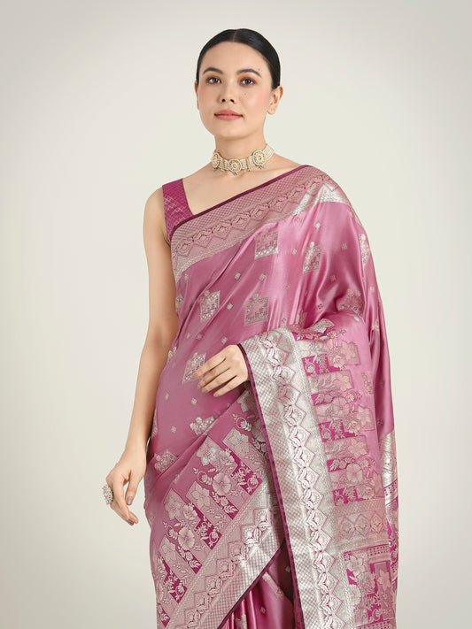 Rose Pink Banarasi Satin Silk Zari Weaving Festival Wear Saree