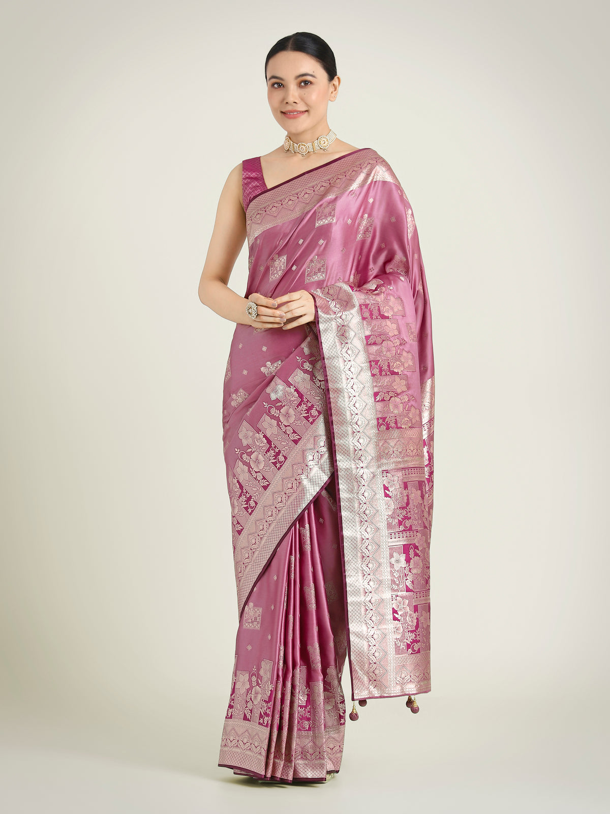 Rose Pink Banarasi Satin Silk Zari Weaving Festival Wear Saree