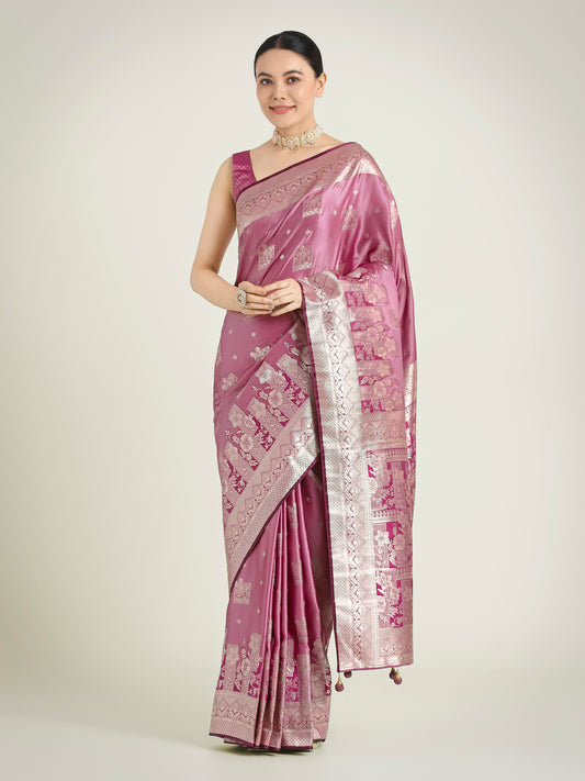 Rose Pink Banarasi Satin Silk Zari Weaving Festival Wear Saree