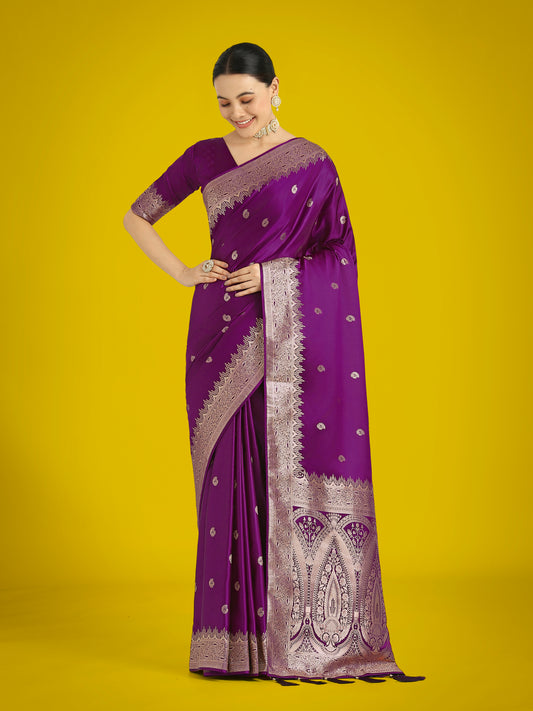 Divine Dark Purple Soft Banarasi Satin Silk Trendy Saree With Blouse Piece
