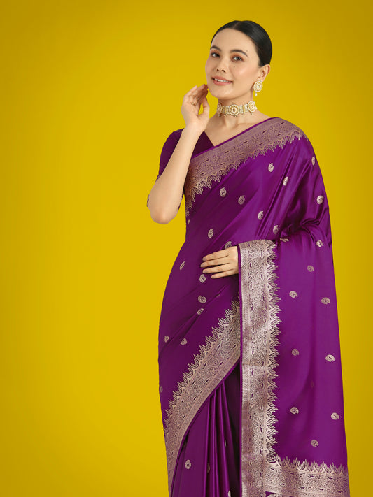 Divine Dark Purple Soft Banarasi Satin Silk Trendy Saree With Blouse Piece