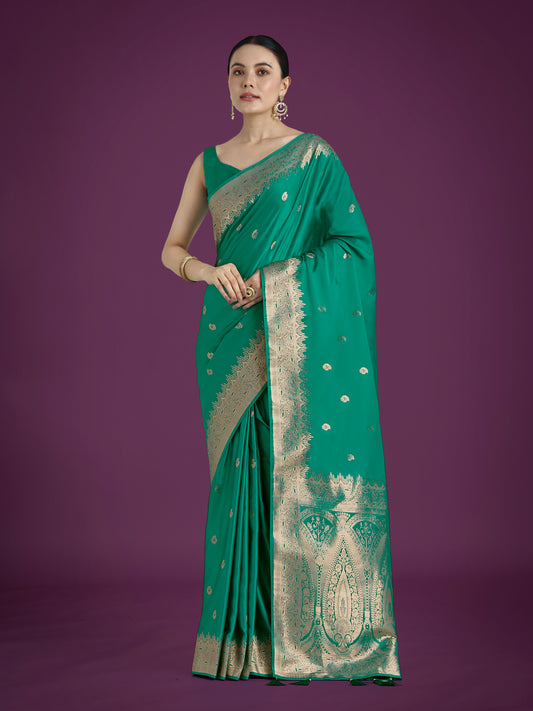 Divine Turquoise Soft Banarasi Satin Silk Trendy Saree With Blouse Piece