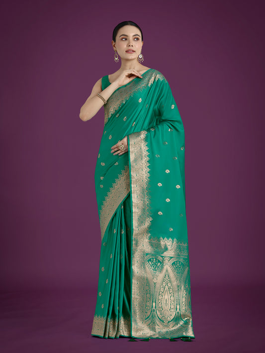 Divine Turquoise Soft Banarasi Satin Silk Trendy Saree With Blouse Piece