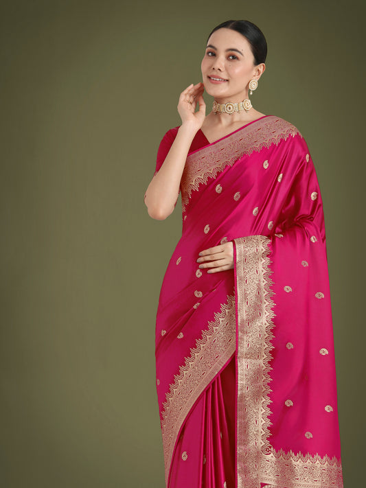 Divine Rani Pink Soft Banarasi Satin Silk Trendy Saree With Blouse Piece