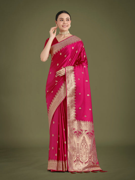 Divine Rani Pink Soft Banarasi Satin Silk Trendy Saree With Blouse Piece