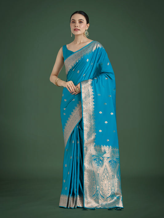 Divine Cyan blue Soft Banarasi Satin Silk Trendy Saree With Blouse Piece