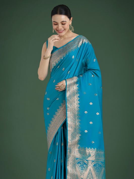 Divine Cyan blue Soft Banarasi Satin Silk Trendy Saree With Blouse Piece