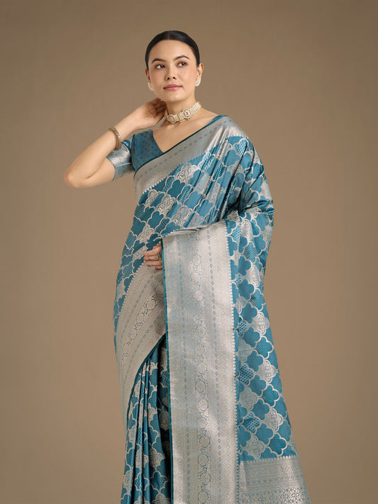 Charming Cyan blue Soft Banarasi Silk Saree With Pretty Blouse Piece