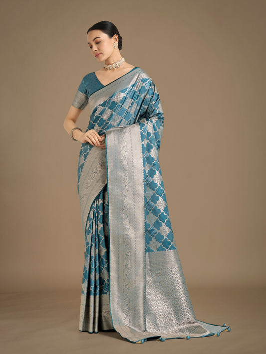 Charming Cyan blue Soft Banarasi Silk Saree With Pretty Blouse Piece