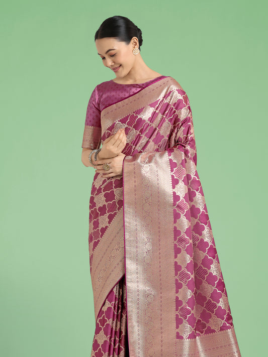 Charming Rose Pink Soft Banarasi Silk Saree With Pretty Blouse Piece
