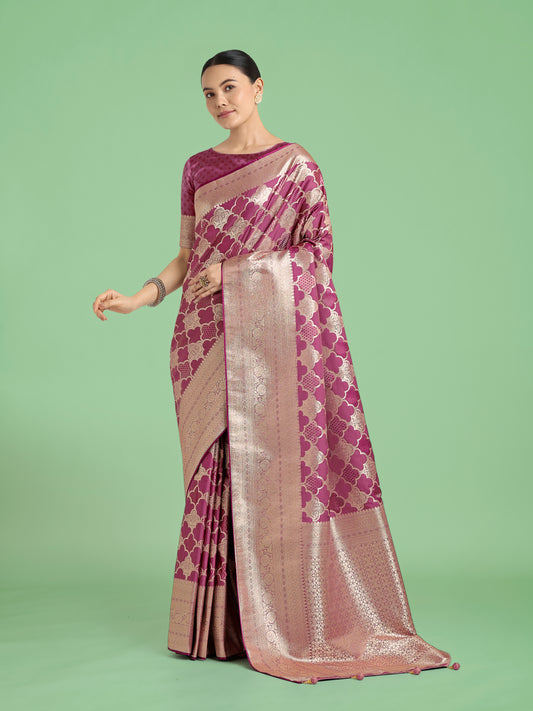 Charming Rose Pink Soft Banarasi Silk Saree With Pretty Blouse Piece