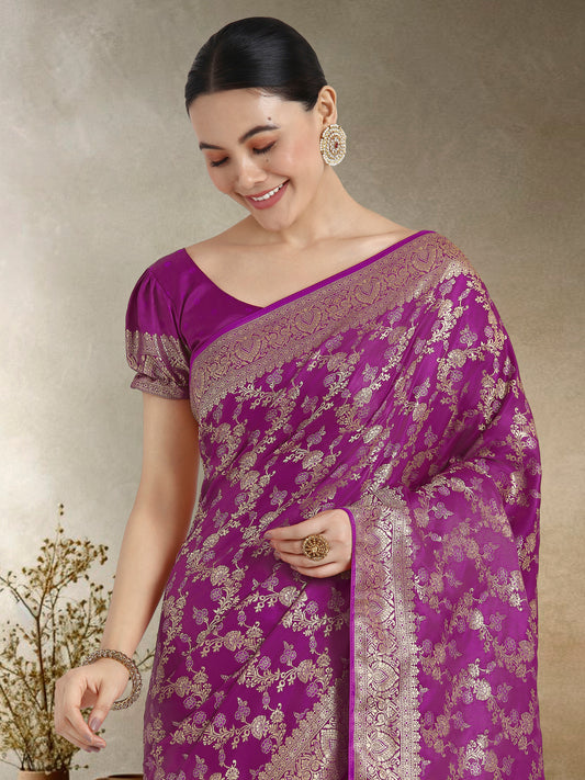 Effervescent Purple Soft Banarasi Satin Silk Saree With Elision Blouse Piece