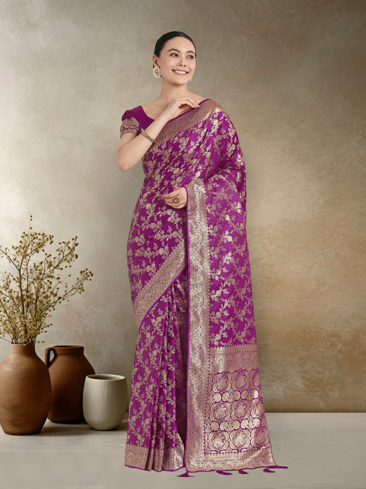 Effervescent Purple Soft Banarasi Satin Silk Saree With Elision Blouse Piece