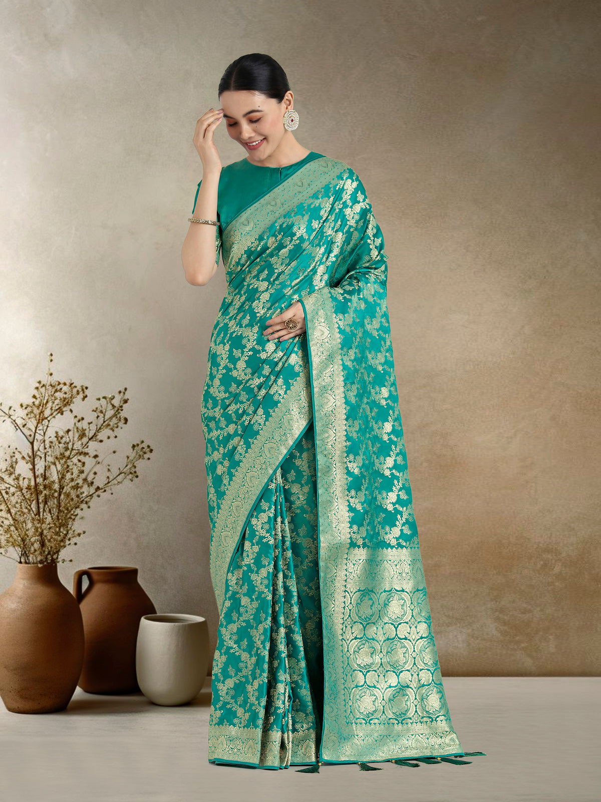 Effervescent Turquoise Soft Banarasi Satin Silk Saree With Elision Blouse Piece