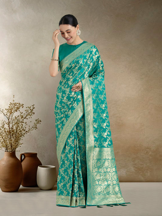 Effervescent Turquoise Soft Banarasi Satin Silk Saree With Elision Blouse Piece