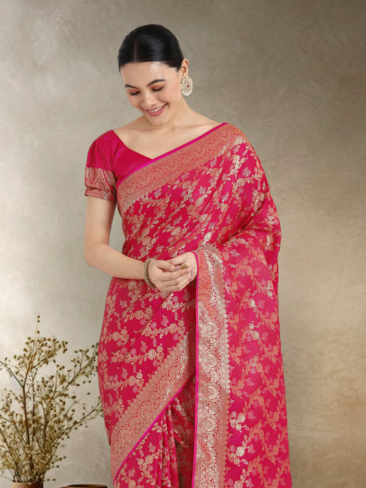 Effervescent Bright Pink Soft Banarasi Satin Silk Saree With Elision Blouse Piece