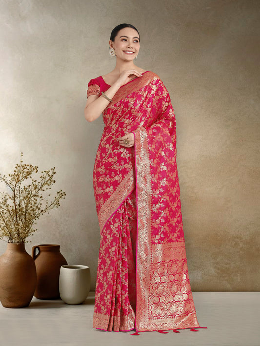 Effervescent Bright Pink Soft Banarasi Satin Silk Saree With Elision Blouse Piece