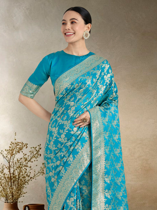 Effervescent Aqua blue Soft Banarasi Satin Silk Saree With Elision Blouse Piece