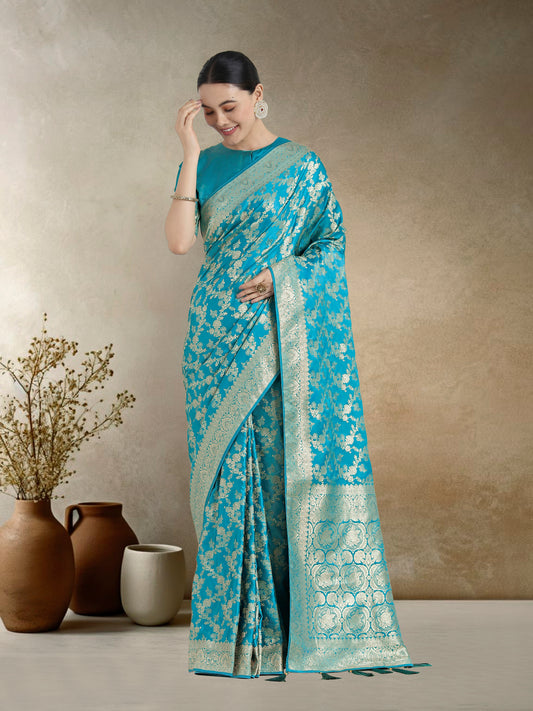 Effervescent Aqua blue Soft Banarasi Satin Silk Saree With Elision Blouse Piece