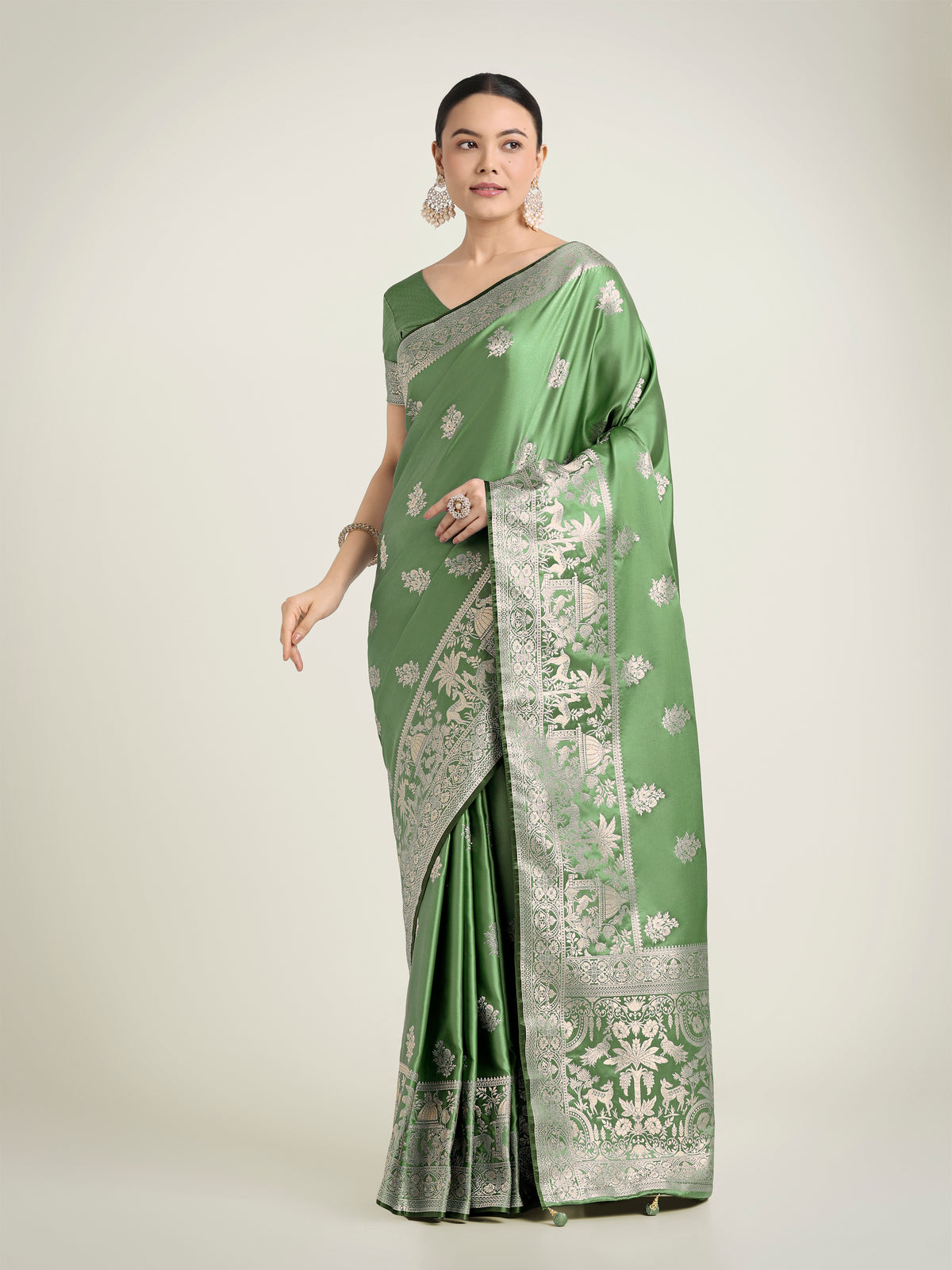 Light Green Zari Weaving Work Banarasi Satin Silk Traditional Saree
