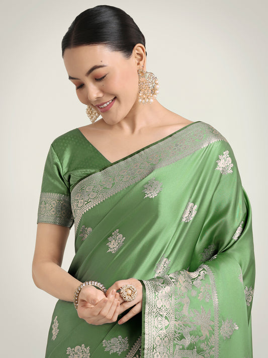 Light Green Zari Weaving Work Banarasi Satin Silk Traditional Saree