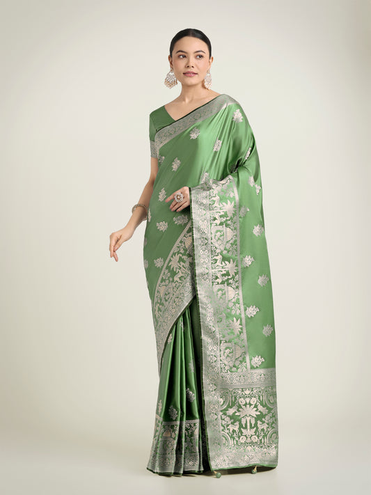 Light Green Zari Weaving Work Banarasi Satin Silk Traditional Saree