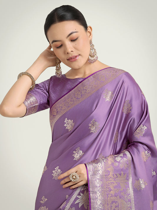 Lavender Zari Weaving Work Banarasi Satin Silk Traditional Saree