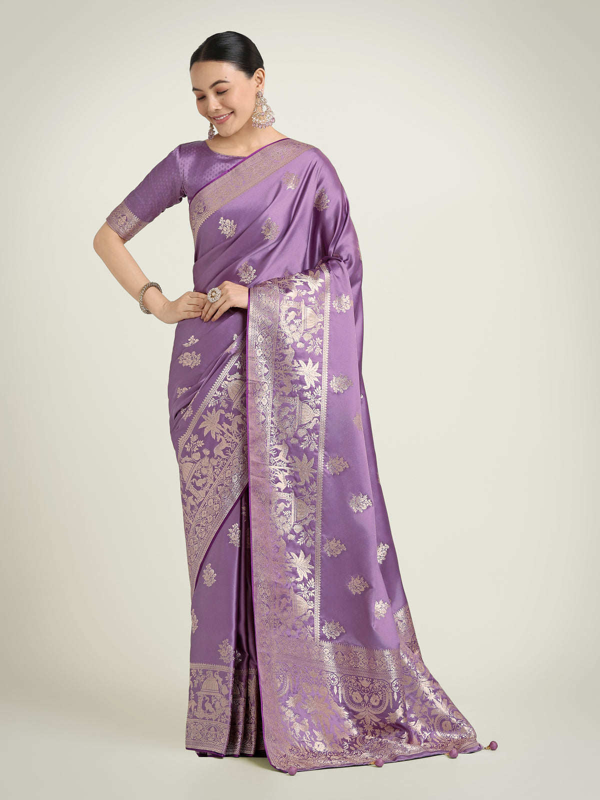 Lavender Zari Weaving Work Banarasi Satin Silk Traditional Saree