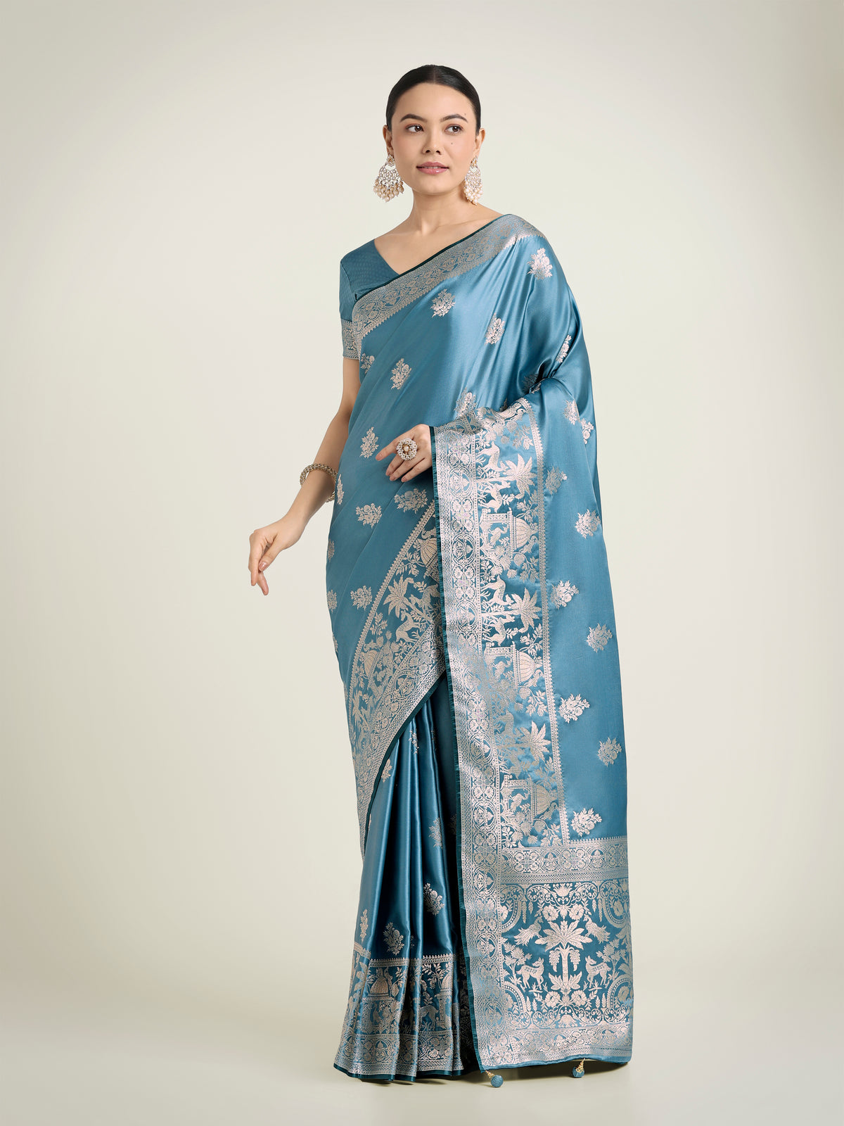 Cyan blue Zari Weaving Work Banarasi Satin Silk Traditional Saree