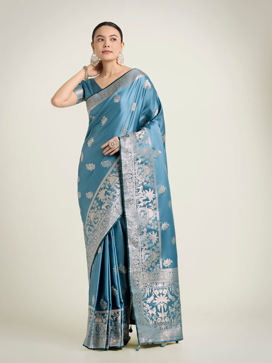 Cyan blue Zari Weaving Work Banarasi Satin Silk Traditional Saree