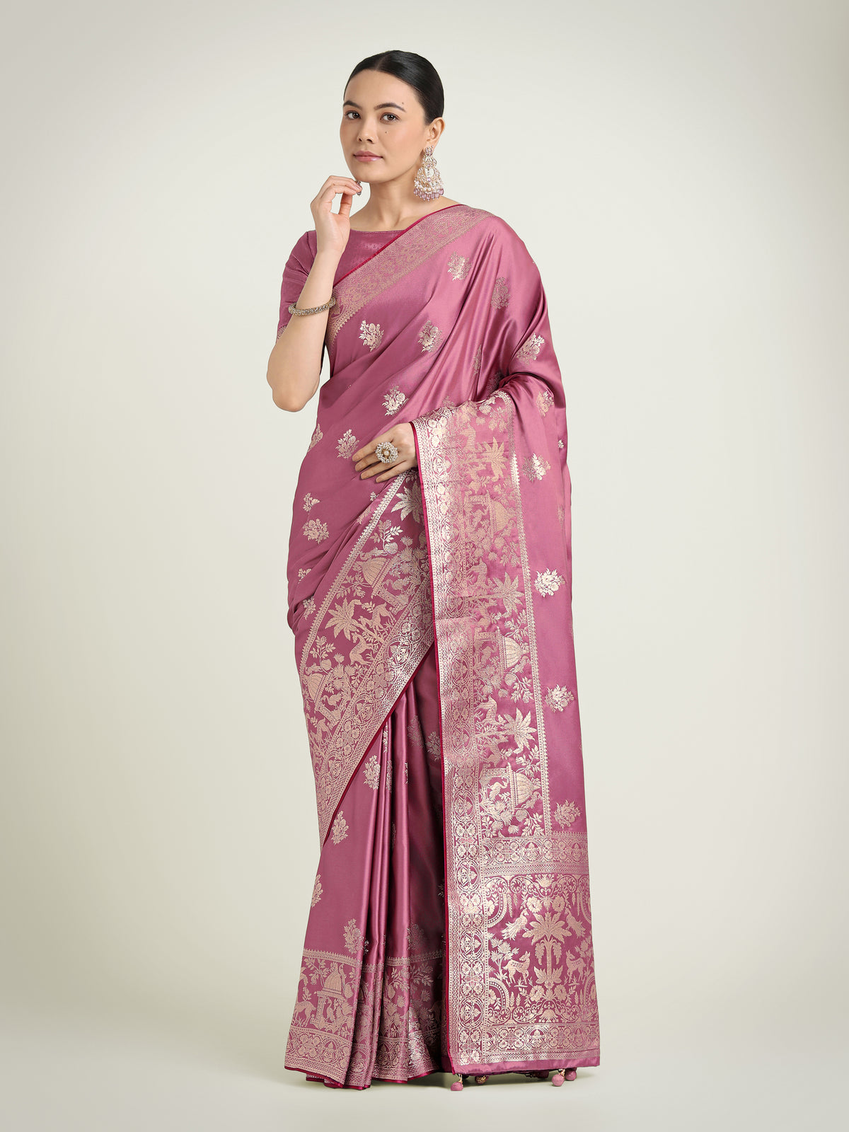 Dusty Pink Zari Weaving Work Banarasi Satin Silk Traditional Saree