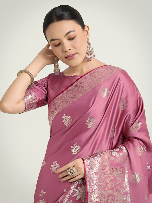 Dusty Pink Zari Weaving Work Banarasi Satin Silk Traditional Saree