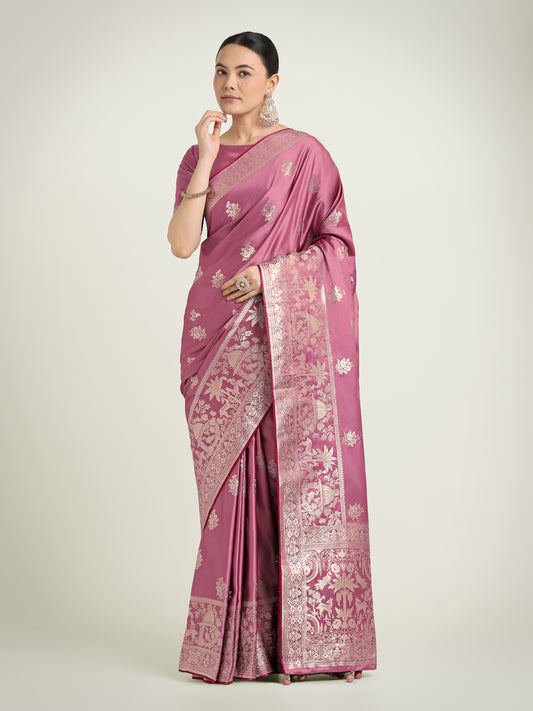 Dusty Pink Zari Weaving Work Banarasi Satin Silk Traditional Saree