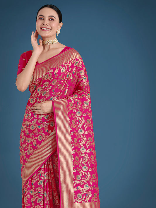 Rani Pink Banarasi Silk Zaal Woven Pattern Traditional Saree