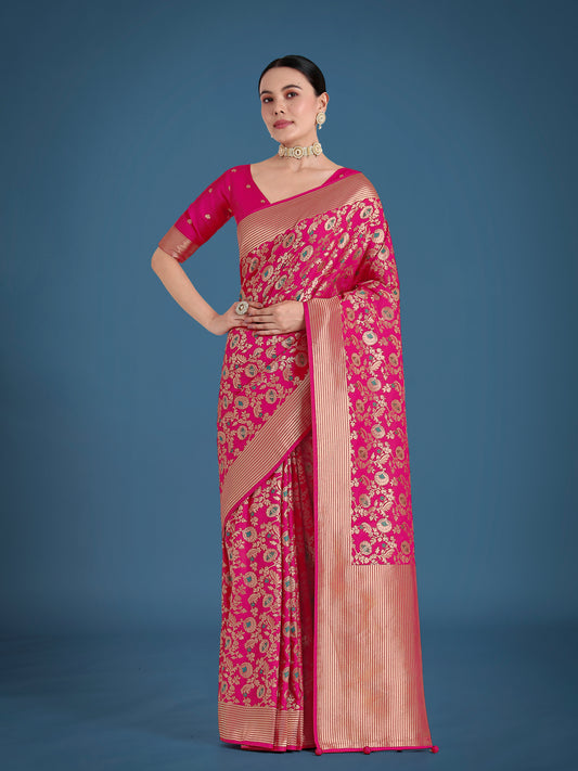 Rani Pink Banarasi Silk Zaal Woven Pattern Traditional Saree