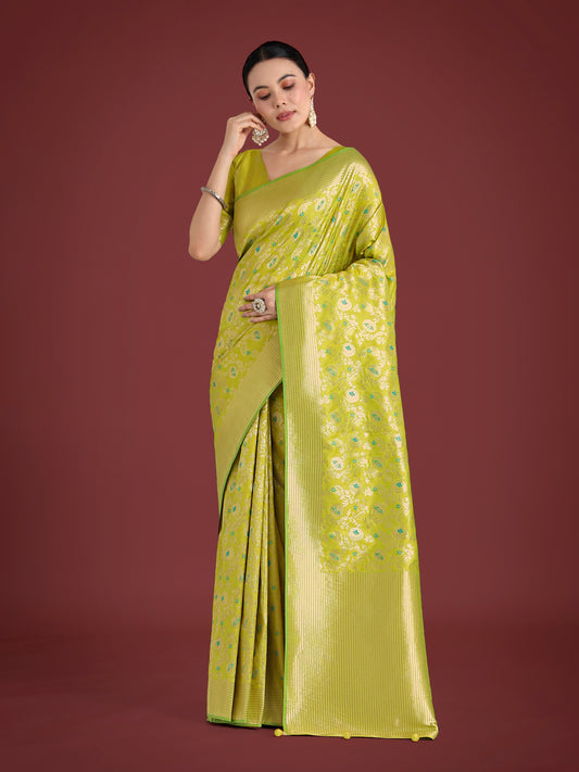 Parrot green Banarasi Silk Zaal Woven Pattern Traditional Saree