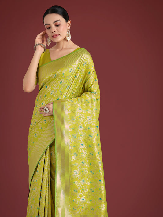 Parrot green Banarasi Silk Zaal Woven Pattern Traditional Saree