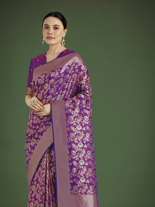 Purple Banarasi Silk Zaal Woven Pattern Traditional Saree
