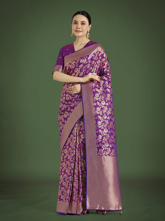 Purple Banarasi Silk Zaal Woven Pattern Traditional Saree