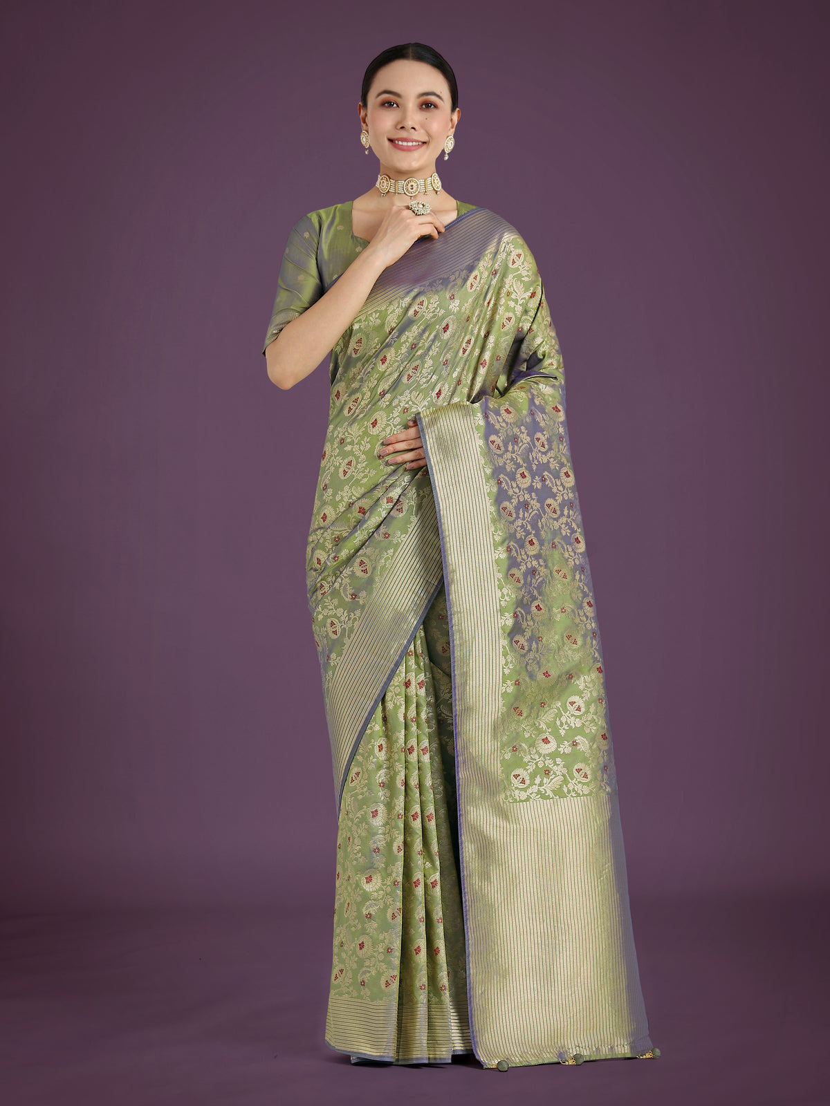 Olive Banarasi Silk Zaal Woven Pattern Traditional Saree