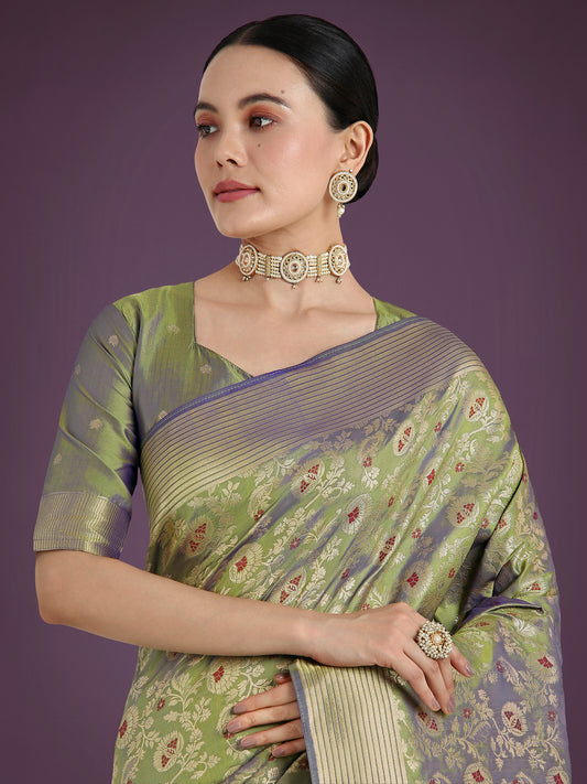 Olive Banarasi Silk Zaal Woven Pattern Traditional Saree